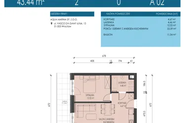 Rzut - Mieszkanie na sprzedaż 2 pokoje o powierzchni 43,44 m² - numer A02 w Apartamenty Aqua Marina