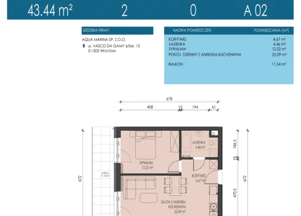 Rzut - Mieszkanie na sprzedaż 2 pokoje o powierzchni 43,44 m² - numer A02 w Apartamenty Aqua Marina