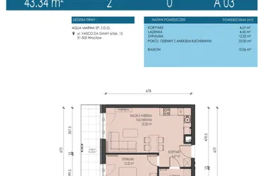 Rzut - Mieszkanie na sprzedaż 2 pokoje o powierzchni 43,34 m² - numer A03 w Apartamenty Aqua Marina