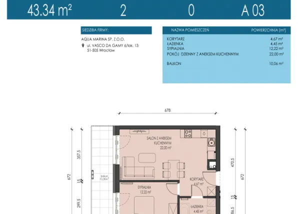 Rzut - Mieszkanie na sprzedaż 2 pokoje o powierzchni 43,34 m² - numer A03 w Apartamenty Aqua Marina