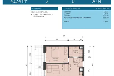 Rzut - Mieszkanie na sprzedaż 2 pokoje o powierzchni 43,34 m² - numer A04 w Apartamenty Aqua Marina