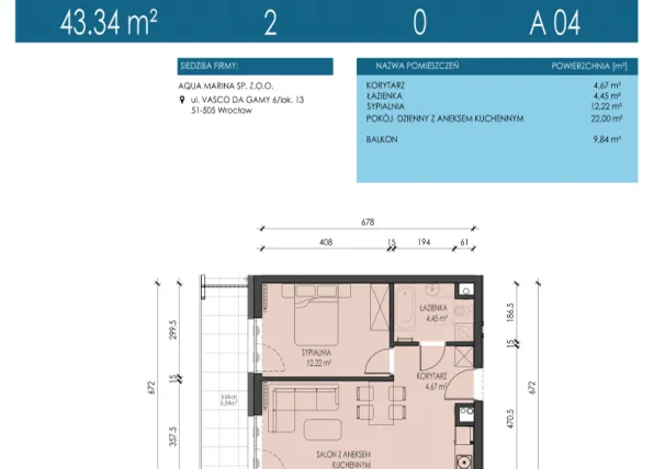Rzut - Mieszkanie na sprzedaż 2 pokoje o powierzchni 43,34 m² - numer A04 w Apartamenty Aqua Marina