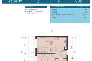 Rzut - Mieszkanie na sprzedaż 2 pokoje o powierzchni 43,34 m² - numer A05 w Apartamenty Aqua Marina