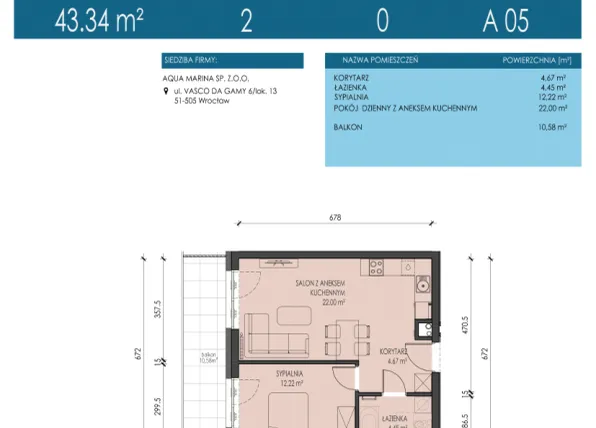 Rzut - Mieszkanie na sprzedaż 2 pokoje o powierzchni 43,34 m² - numer A05 w Apartamenty Aqua Marina