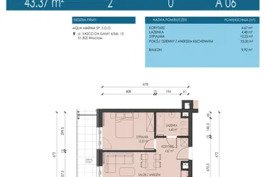 Rzut - Mieszkanie na sprzedaż 2 pokoje o powierzchni 43,37 m² - numer A06 w Apartamenty Aqua Marina