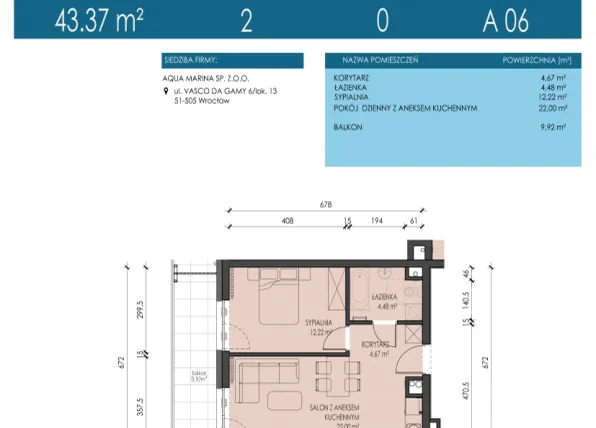 Rzut - Mieszkanie na sprzedaż 2 pokoje o powierzchni 43,37 m² - numer A06 w Apartamenty Aqua Marina