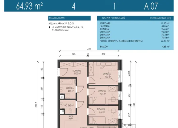 Rzut - Mieszkanie na sprzedaż 4 pokoje o powierzchni 64,93 m² - numer A07 w Apartamenty Aqua Marina