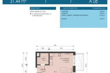 Rzut - Mieszkanie na sprzedaż 1 pokój o powierzchni 31,44 m² - numer A08 w Apartamenty Aqua Marina