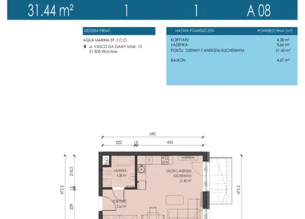 Rzut - Mieszkanie na sprzedaż 1 pokój o powierzchni 31,44 m² - numer A08 w Apartamenty Aqua Marina
