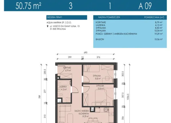 Rzut - Mieszkanie na sprzedaż 3 pokoje o powierzchni 50,75 m² - numer A09 w Apartamenty Aqua Marina
