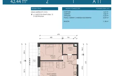 Rzut - Mieszkanie na sprzedaż 2 pokoje o powierzchni 43,44 m² - numer A11 w Apartamenty Aqua Marina