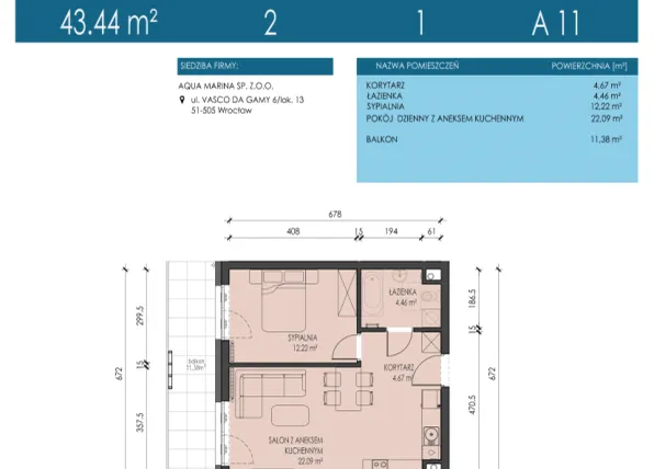 Rzut - Mieszkanie na sprzedaż 2 pokoje o powierzchni 43,44 m² - numer A11 w Apartamenty Aqua Marina