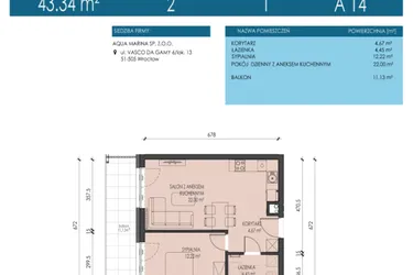 Rzut - Mieszkanie na sprzedaż 2 pokoje o powierzchni 43,34 m² - numer A14 w Apartamenty Aqua Marina