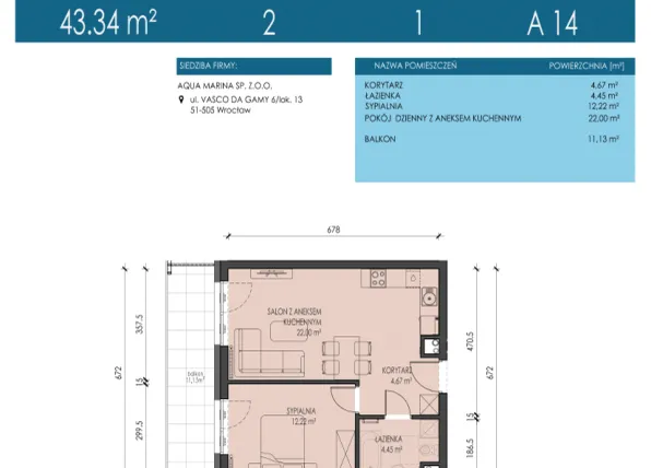 Rzut - Mieszkanie na sprzedaż 2 pokoje o powierzchni 43,34 m² - numer A14 w Apartamenty Aqua Marina
