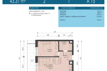 Rzut - Mieszkanie na sprzedaż 2 pokoje o powierzchni 43,37 m² - numer A15 w Apartamenty Aqua Marina