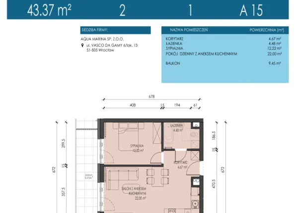 Rzut - Mieszkanie na sprzedaż 2 pokoje o powierzchni 43,37 m² - numer A15 w Apartamenty Aqua Marina