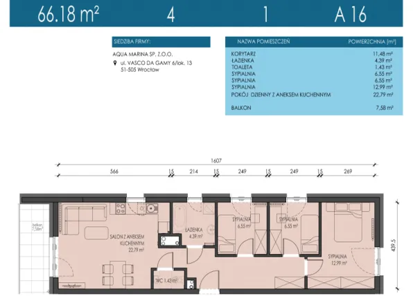 Rzut - Mieszkanie na sprzedaż 4 pokoje o powierzchni 66,18 m² - numer A16 w Apartamenty Aqua Marina