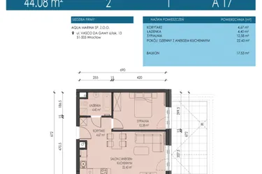 Rzut - Mieszkanie na sprzedaż 2 pokoje o powierzchni 44,08 m² - numer A17 w Apartamenty Aqua Marina