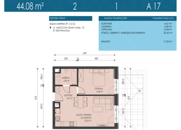 Rzut - Mieszkanie na sprzedaż 2 pokoje o powierzchni 44,08 m² - numer A17 w Apartamenty Aqua Marina