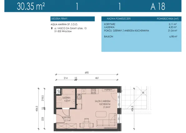 Rzut - Mieszkanie na sprzedaż 1 pokój o powierzchni 30,35 m² - numer A18 w Apartamenty Aqua Marina