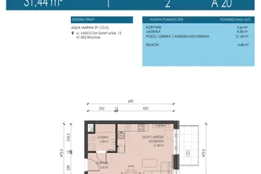 Rzut - Mieszkanie na sprzedaż 1 pokój o powierzchni 31,44 m² - numer A20 w Apartamenty Aqua Marina