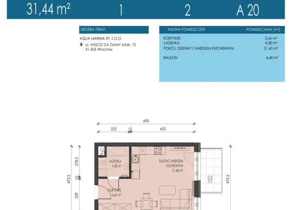 Rzut - Mieszkanie na sprzedaż 1 pokój o powierzchni 31,44 m² - numer A20 w Apartamenty Aqua Marina