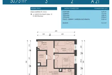 Rzut - Mieszkanie na sprzedaż 3 pokoje o powierzchni 50,75 m² - numer A21 w Apartamenty Aqua Marina