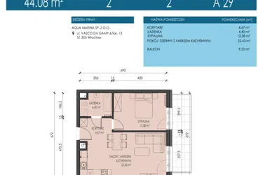 Rzut - Mieszkanie na sprzedaż 2 pokoje o powierzchni 44,08 m² - numer A29 w Apartamenty Aqua Marina