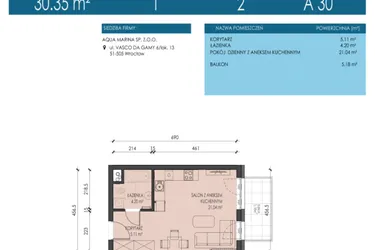 Rzut - Mieszkanie na sprzedaż 1 pokój o powierzchni 30,35 m² - numer A30 w Apartamenty Aqua Marina