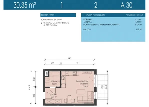Rzut - Mieszkanie na sprzedaż 1 pokój o powierzchni 30,35 m² - numer A30 w Apartamenty Aqua Marina