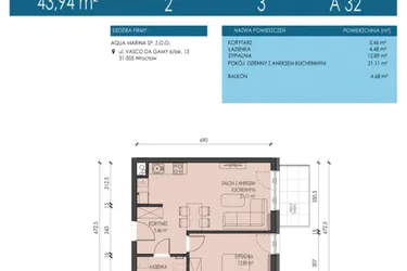 Rzut - Mieszkanie na sprzedaż 2 pokoje o powierzchni 43,94 m² - numer A32 w Apartamenty Aqua Marina