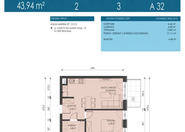 Rzut - Mieszkanie na sprzedaż 2 pokoje o powierzchni 43,94 m² - numer A32 w Apartamenty Aqua Marina