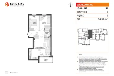Rzut - Mieszkanie na sprzedaż 3 pokoje o powierzchni 54,37 m² - numer E.54 w Osiedle Warszawska