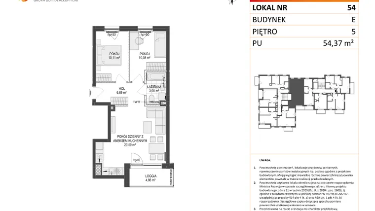 Rzut - Mieszkanie na sprzedaż 3 pokoje o powierzchni 54,37 m² - numer E.54 w Osiedle Warszawska