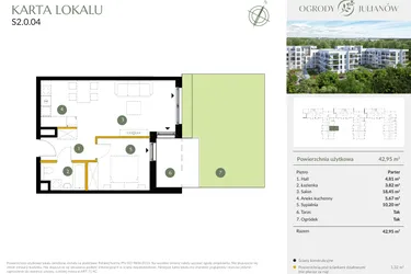 Rzut - Mieszkanie na sprzedaż 2 pokoje o powierzchni 42,95 m² - numer S2.0.04 w Ogrody Julianów