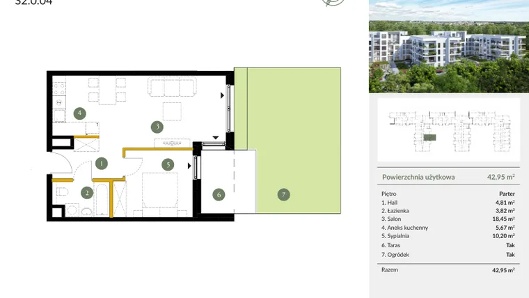 Rzut - Mieszkanie na sprzedaż 2 pokoje o powierzchni 42,95 m² - numer S2.0.04 w Ogrody Julianów