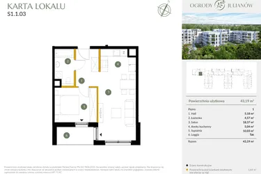 Rzut - Mieszkanie na sprzedaż 2 pokoje o powierzchni 43,19 m² - numer S1.1.03 w Ogrody Julianów