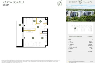 Rzut - Mieszkanie na sprzedaż 2 pokoje o powierzchni 47,13 m² - numer S2.3.09 w Ogrody Julianów