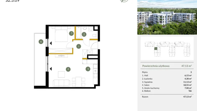 Rzut - Mieszkanie na sprzedaż 2 pokoje o powierzchni 47,13 m² - numer S2.3.09 w Ogrody Julianów