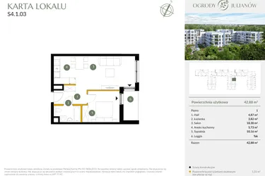 Rzut - Mieszkanie na sprzedaż 2 pokoje o powierzchni 42,88 m² - numer S4.1.03 w Ogrody Julianów