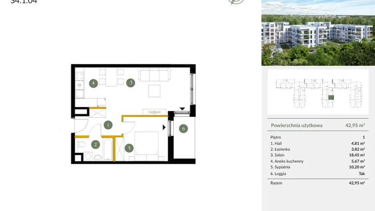 Rzut - Mieszkanie na sprzedaż 2 pokoje o powierzchni 42,95 m² - numer S4.1.04 w Ogrody Julianów