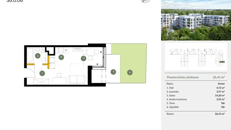 Rzut - Mieszkanie na sprzedaż 1 pokój o powierzchni 26,41 m² - numer S6.0.06 w Ogrody Julianów