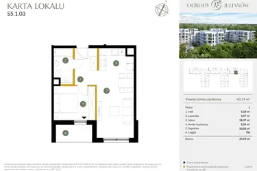 Rzut - Mieszkanie na sprzedaż 2 pokoje o powierzchni 43,19 m² - numer S5.1.03 w Ogrody Julianów