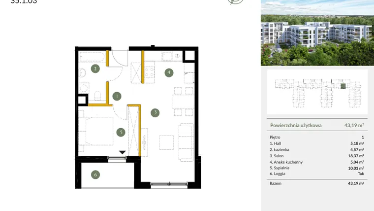 Rzut - Mieszkanie na sprzedaż 2 pokoje o powierzchni 43,19 m² - numer S5.1.03 w Ogrody Julianów