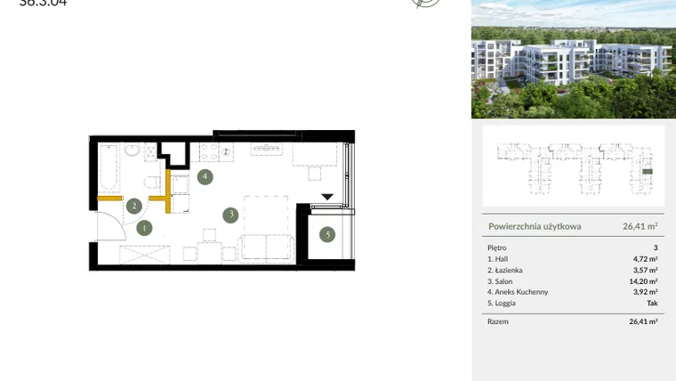 Rzut - Mieszkanie na sprzedaż 1 pokój o powierzchni 26,41 m² - numer S6.3.04 w Ogrody Julianów
