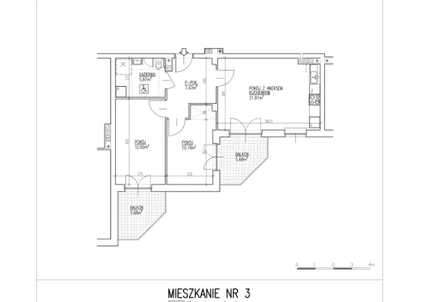 Rzut - Mieszkanie na sprzedaż 3 pokoje o powierzchni 58,25 m² - numer 3 w Północna 26