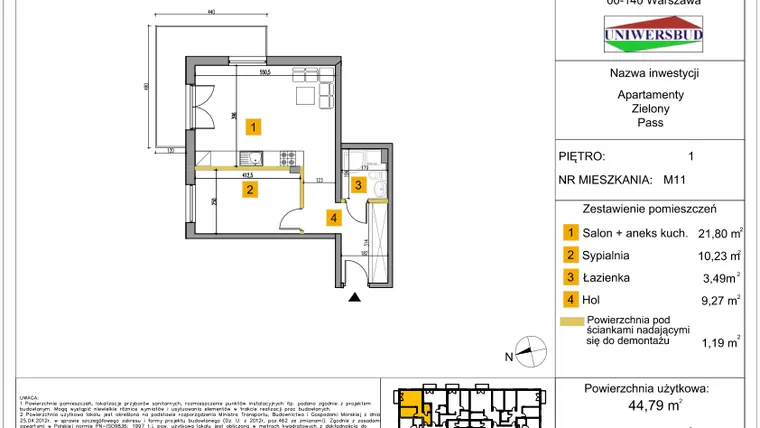 Rzut - Mieszkanie na sprzedaż 2 pokoje o powierzchni 44,79 m² - numer 11 w Zielony Pass