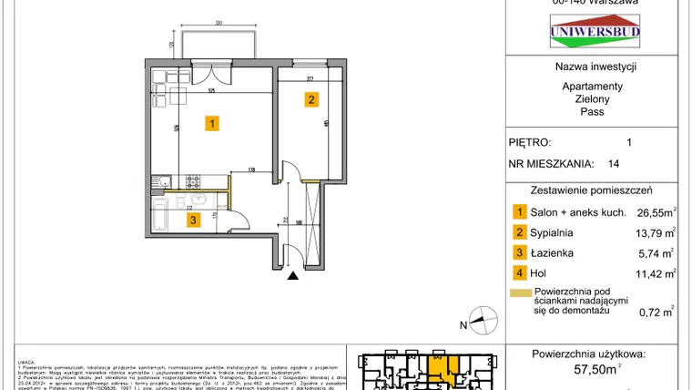 Rzut - Mieszkanie na sprzedaż 2 pokoje o powierzchni 57,5 m² - numer 14 w Zielony Pass