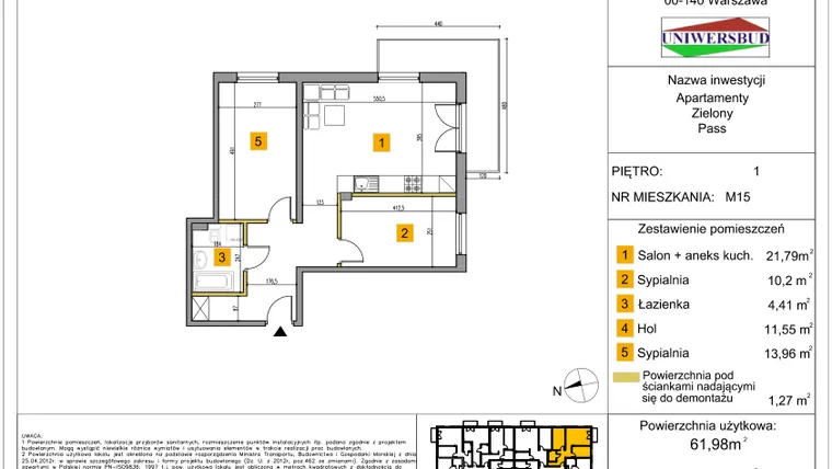 Rzut - Mieszkanie na sprzedaż 3 pokoje o powierzchni 61,98 m² - numer 15 w Zielony Pass