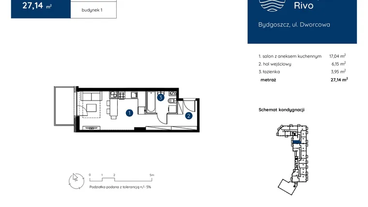 Rzut - Mieszkanie na sprzedaż 1 pokój o powierzchni 27,14 m² - numer 1.C.5.08 w Murapol Rivo